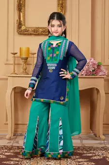 Blue embroidered taffeta kids salwar suits
