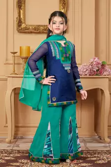 Blue embroidered taffeta kids salwar suits