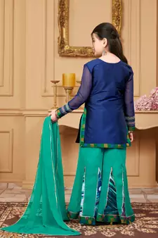Blue embroidered taffeta kids salwar suits