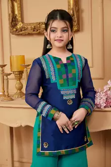 Blue embroidered taffeta kids salwar suits