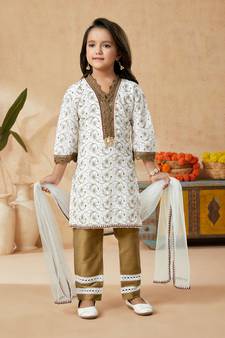 White embroidered cotton kids salwar suits