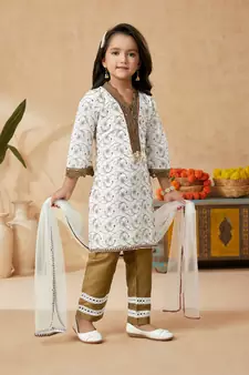 White embroidered cotton kids salwar suits