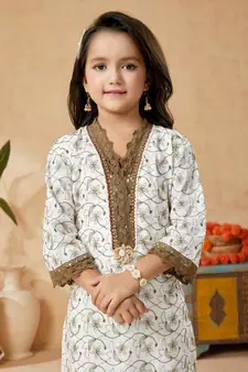 White embroidered cotton kids salwar suits