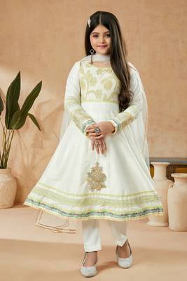 White embroidered cotton silk kids salwar suits 1