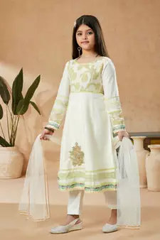 White embroidered cotton silk kids salwar suits