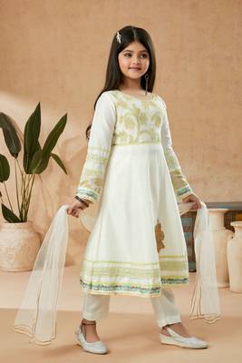 White embroidered cotton silk kids salwar suits 3