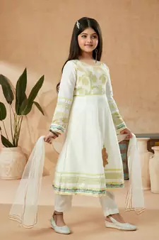 White embroidered cotton silk kids salwar suits