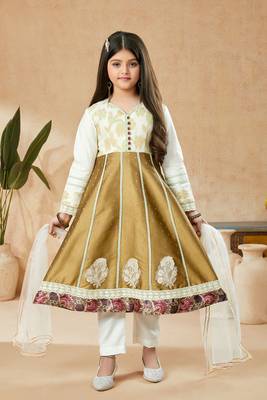 Brown embroidered banarasi silk kids salwar suits 1
