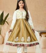 Brown embroidered banarasi silk kids salwar suits