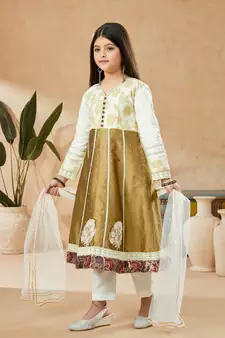 Brown embroidered banarasi silk kids salwar suits