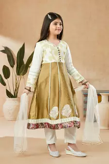 Brown embroidered banarasi silk kids salwar suits