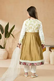 Brown embroidered banarasi silk kids salwar suits
