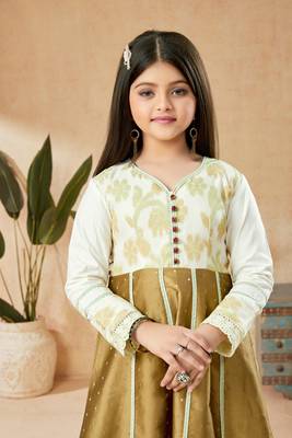 Brown embroidered banarasi silk kids salwar suits 5