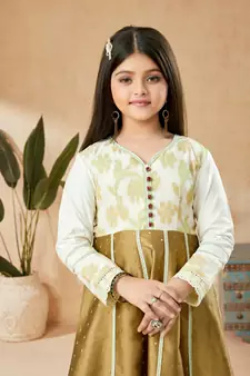 Brown embroidered banarasi silk kids salwar suits