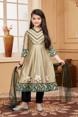Brown embroidered cotton silk kids salwar suits 1