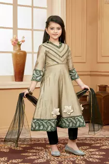 Brown embroidered cotton silk kids salwar suits