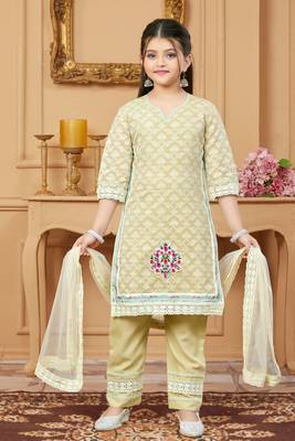Beige embroidered banarasi silk kids salwar suits 1