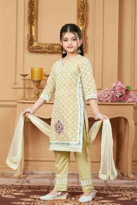 Beige embroidered banarasi silk kids salwar suits 2