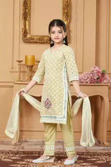 Beige embroidered banarasi silk kids salwar suits