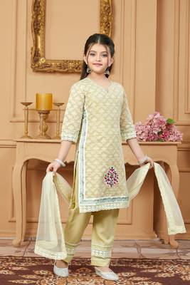 Beige embroidered banarasi silk kids salwar suits 3