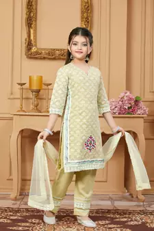 Beige embroidered banarasi silk kids salwar suits