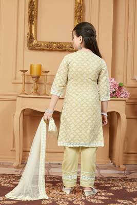Beige embroidered banarasi silk kids salwar suits 4