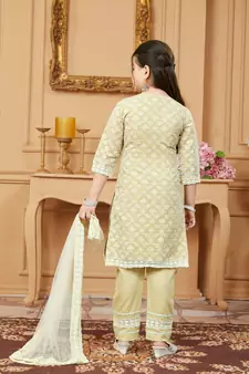 Beige embroidered banarasi silk kids salwar suits