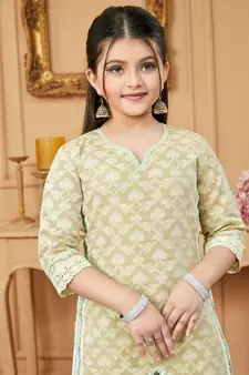 Beige embroidered banarasi silk kids salwar suits
