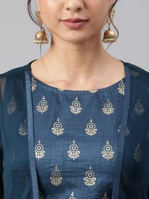 Teal printed silk ethnic-kurtis 5