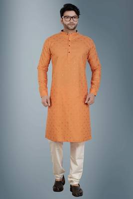 Orange printed cotton silk kurta-pajama 1