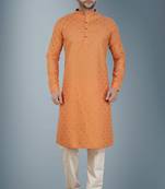 Orange printed cotton silk kurta-pajama