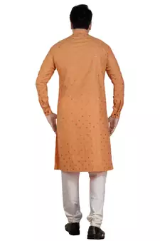 Orange printed cotton silk kurta-pajama