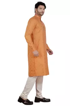 Orange printed cotton silk kurta-pajama