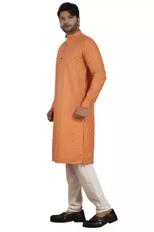 Orange printed cotton silk kurta-pajama