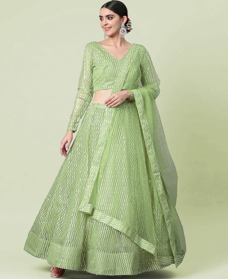 Sequin Lehenga Choli Net Pista Green