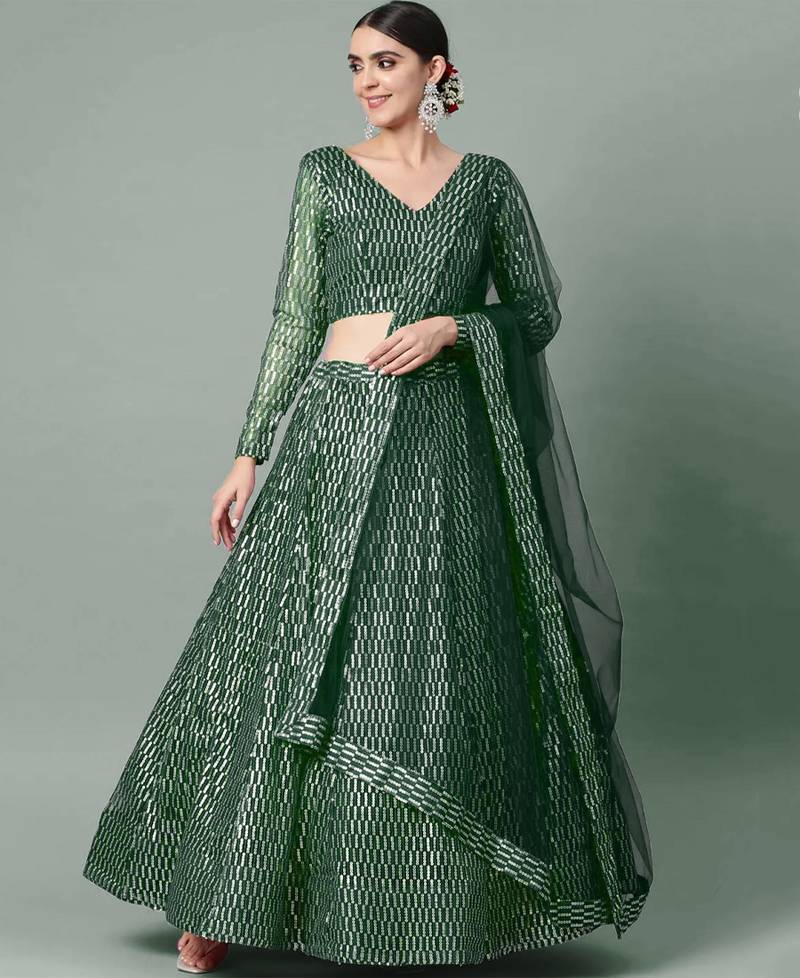Sequin Lehenga Choli Net Green