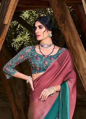 Pink woven chiffon saree with blouse 2