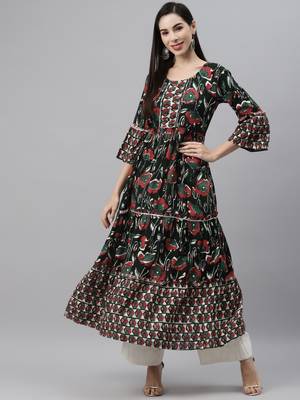 Dark-green printed viscose rayon ethnic-kurtis 1