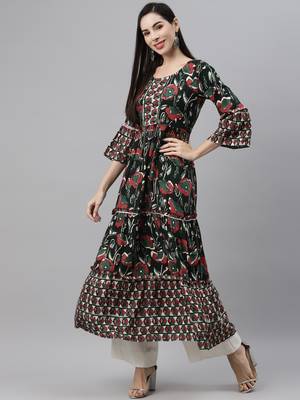 Dark-green printed viscose rayon ethnic-kurtis 3
