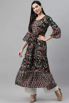 Dark-green printed viscose rayon ethnic-kurtis