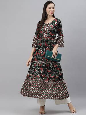 Dark-green printed viscose rayon ethnic-kurtis 5