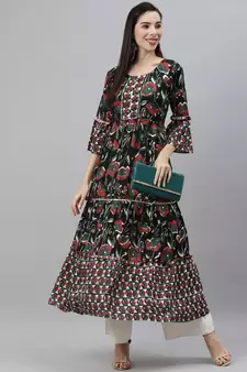 Dark-green printed viscose rayon ethnic-kurtis