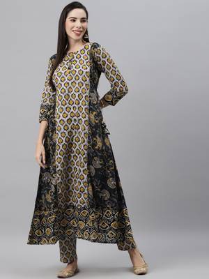 Beige printed cotton ethnic-kurtis 1