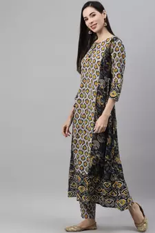 Beige printed cotton ethnic-kurtis