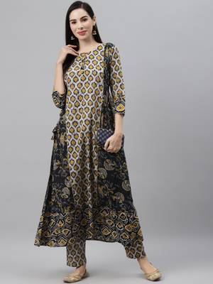 Beige printed cotton ethnic-kurtis 5