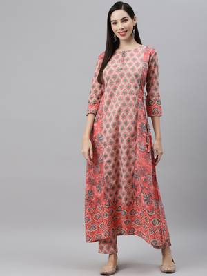 Peach printed cotton ethnic-kurtis 1