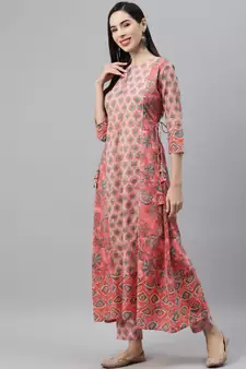 Peach printed cotton ethnic-kurtis