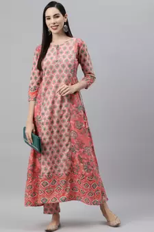 Peach printed cotton ethnic-kurtis