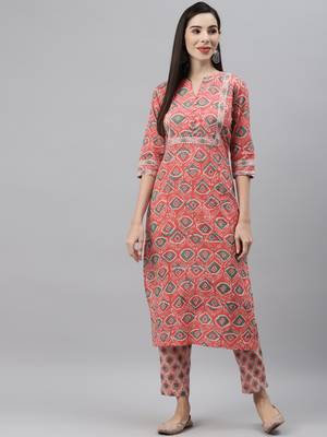 Peach printed cotton ethnic-kurtis 1
