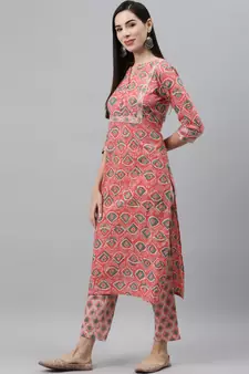 Peach printed cotton ethnic-kurtis